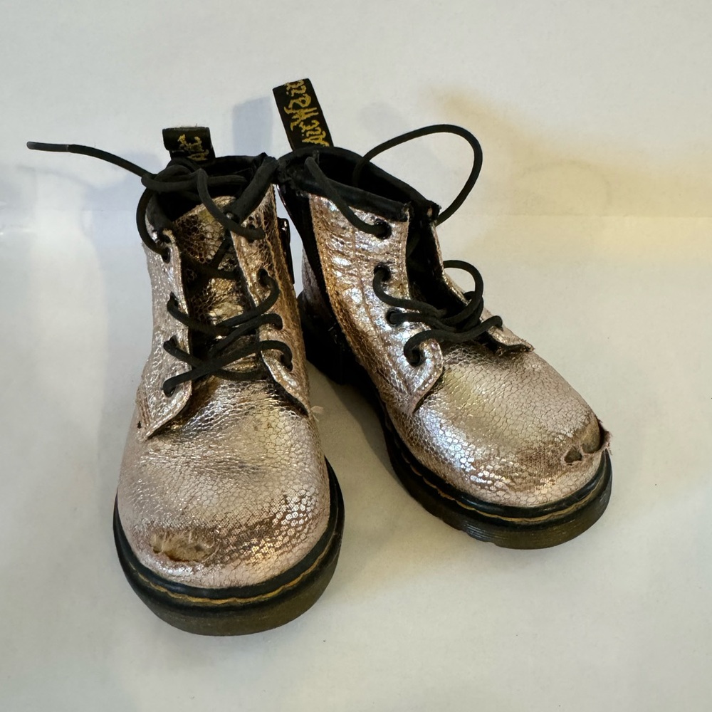 Punk Pink glitter toddler doc marten boots with scuffed toes